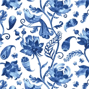 Blue Birds And Flowers on White