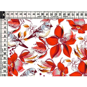 Red Flowers And Birds On White