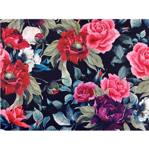 Red, pink and purple roses on black Viskos