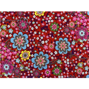 Red, blue and yellow flowers on red