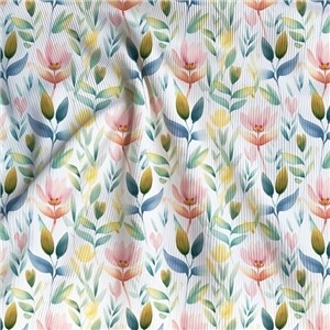 Ribbad Jersey - Ljusa Röda Blommor och Blad