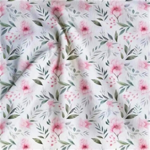 Rosa blomster med blad Ribbad Jersey